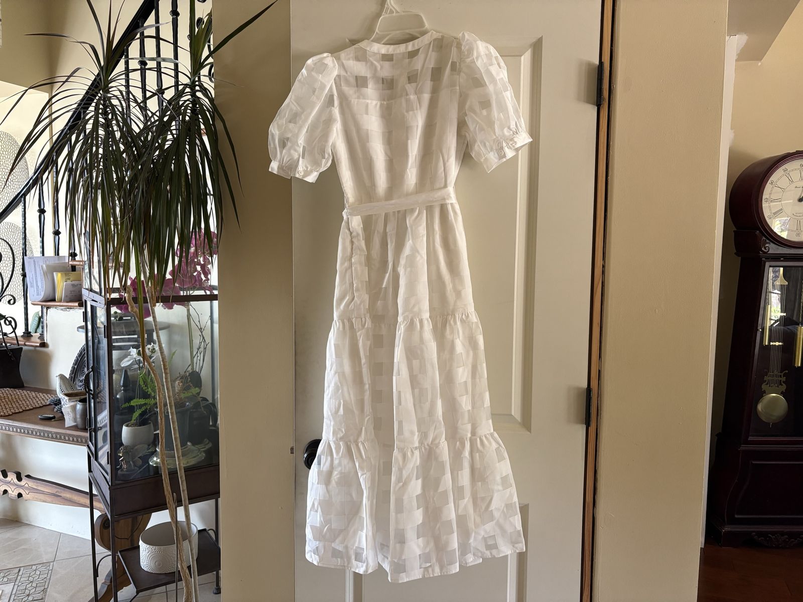 New White Midi Dress w/ Sheer Check Puffy Sleeves Sz XS