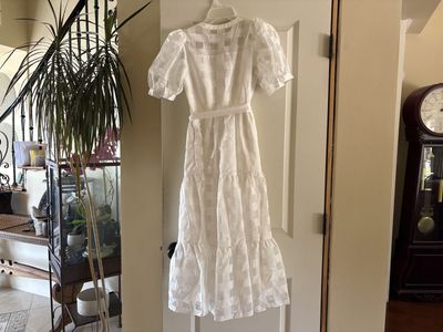 New White Midi Dress w/ Sheer Check Puffy Sleeves Sz XS