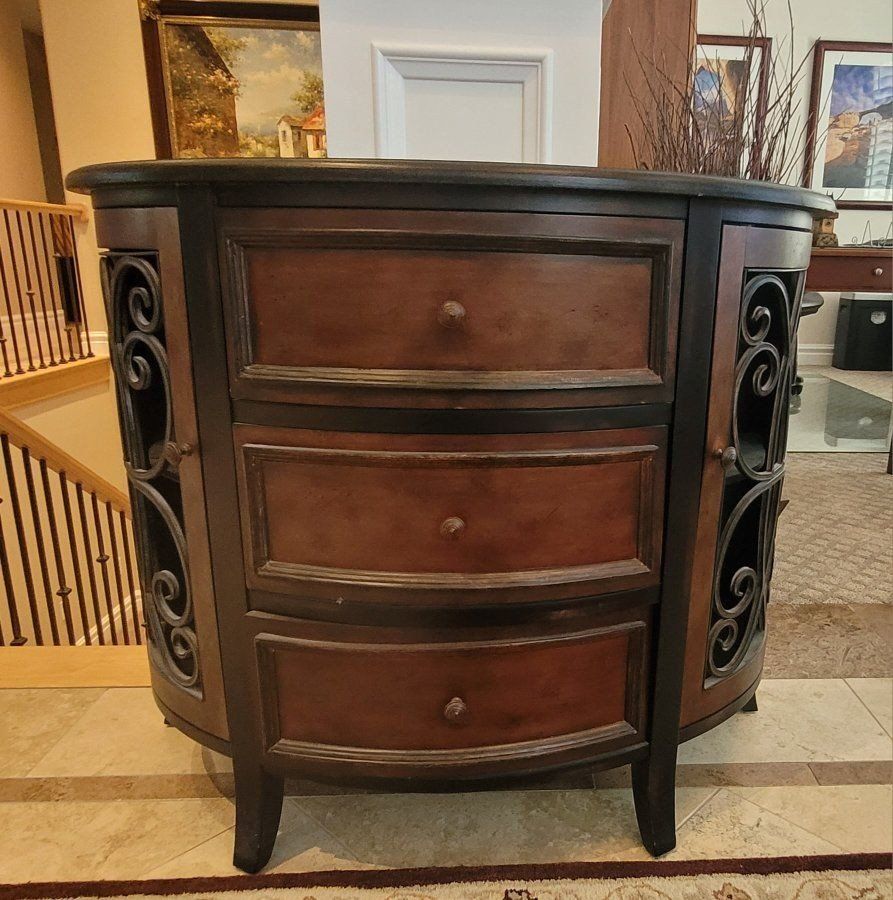 Half-Moon Console Table with Iron Scrollwork, Dark Wood Finish, Three Drawers & Storage