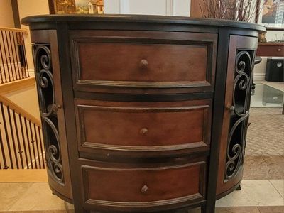 Half-Moon Console Table with Iron Scrollwork, Dark Wood Finish, Three Drawers & Storage