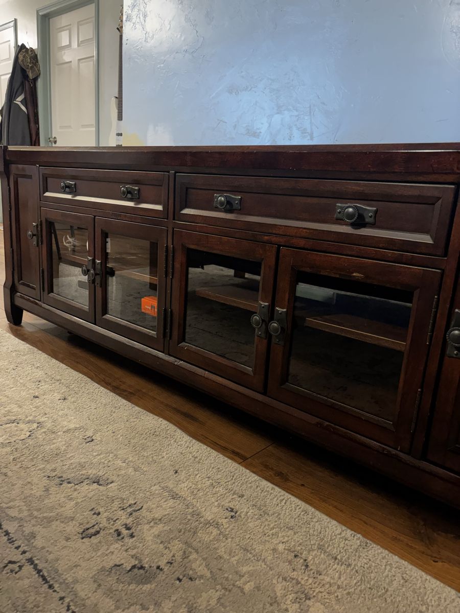 Dark Wood Media Console TV Stand with Glass Doors and Drawers