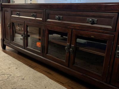Dark Wood Media Console TV Stand with Glass Doors and Drawers