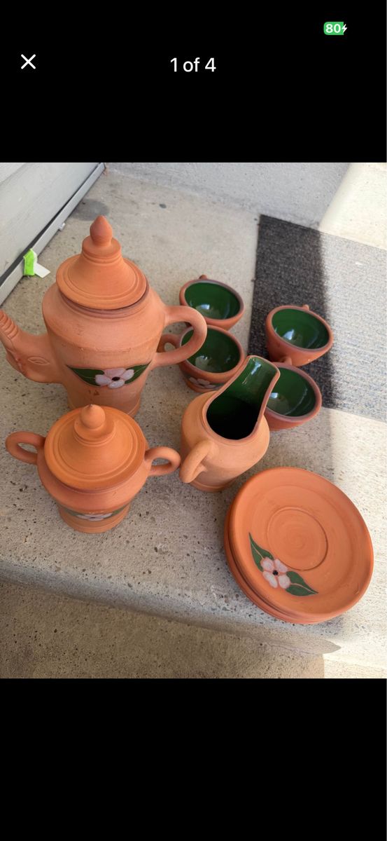 Handmade Terracotta Tea Set - 10-Piece w/ Floral Design, Rustic Charm