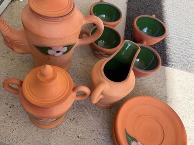Handmade Terracotta Tea Set - 10-Piece w/ Floral Design, Rustic Charm