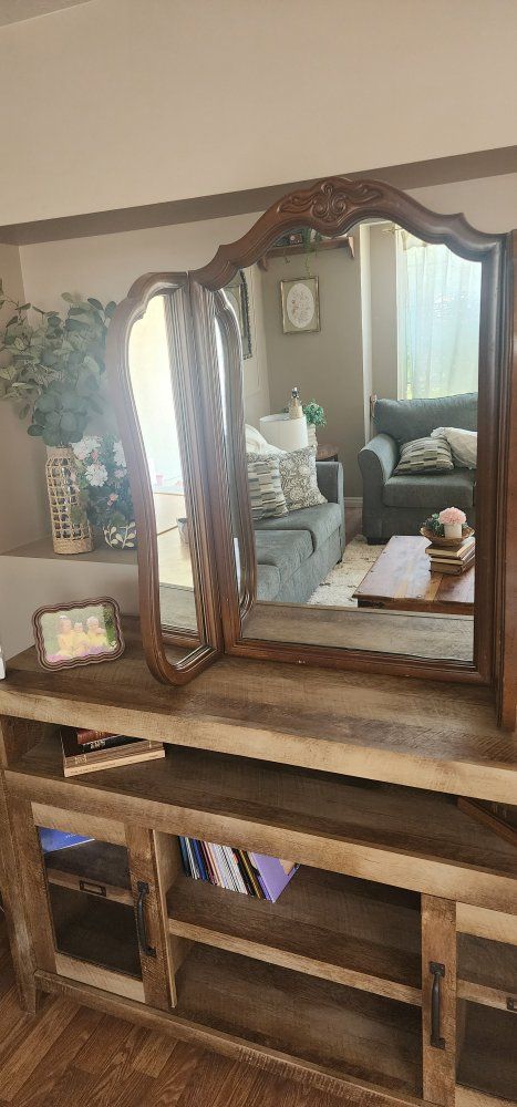 Vintage Wooden Vanity Tri-Fold Mirror with Ornate Frame