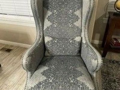 Wingback Chair with Patterned Upholstery & Throw Pillow--RC Willey St. James Classic Gray