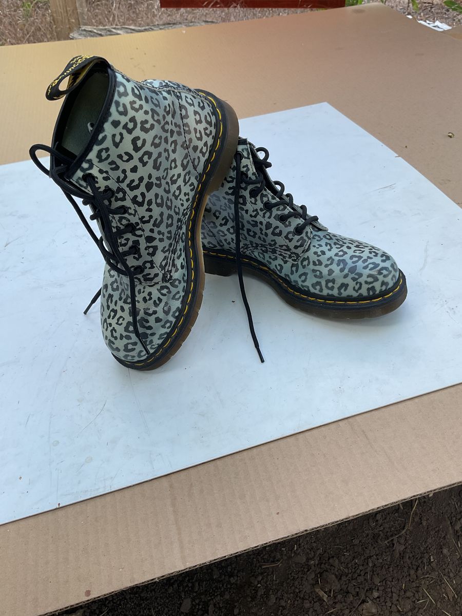 black and gray cheeta print 6 holed doc martens