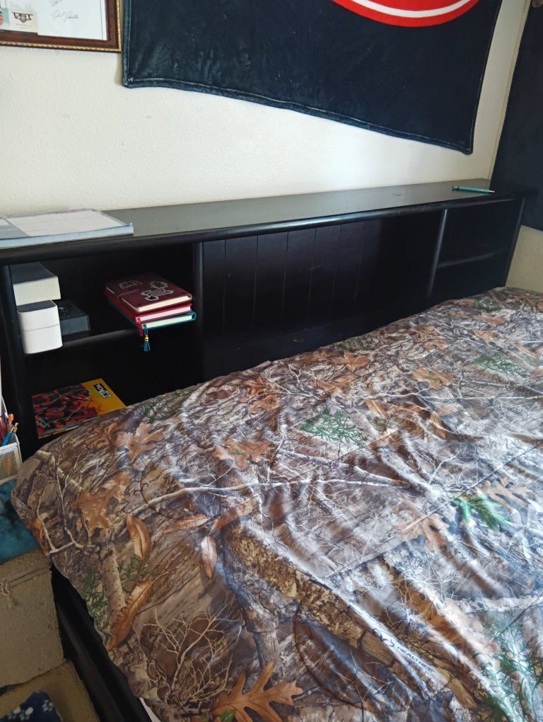 Black Wooden Storage Bed with Built-in Headboard Shelves and Drawers