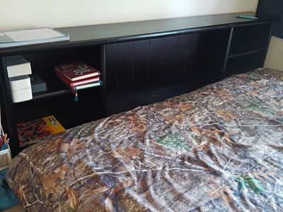 Black Wooden Storage Bed with Built-in Headboard Shelves and Drawers