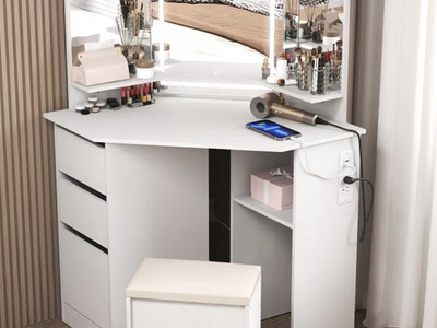 NEW White Vanity With Stool LED Lighted Mirror, Ample Storage HS250416-02