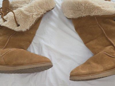 Tan Suede Faux Fur Lined Winter Boots with Lace-Up Details