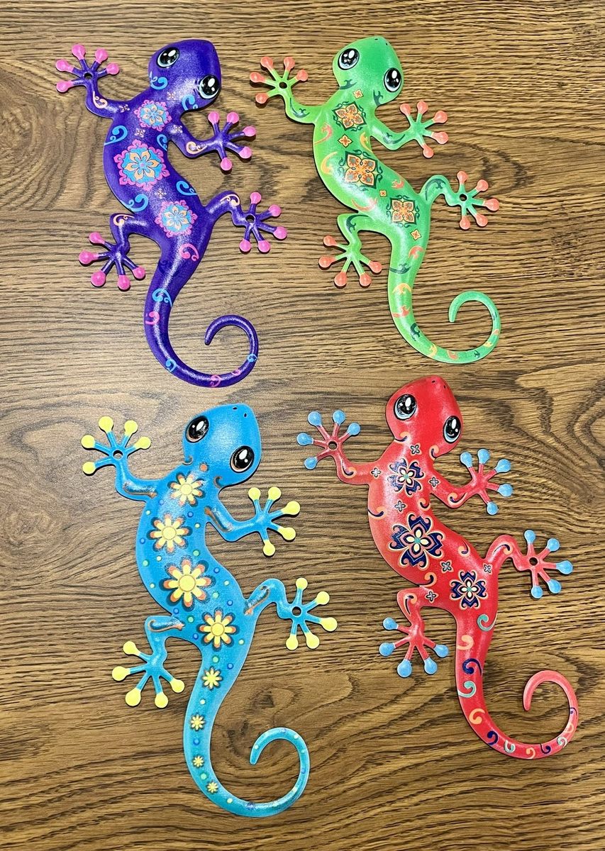 4 Pack Metal Gecko Outdoor Decorations - 9.8" Blue, Green, Purple, and Red hanging metal art ML4
