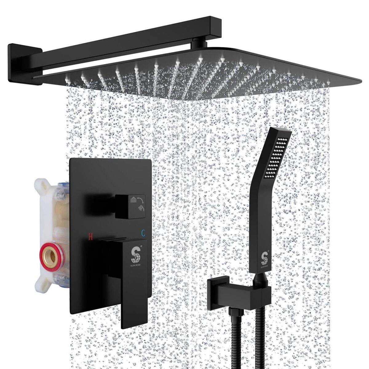 SUN RISE Matte Black Square Rainfall Shower