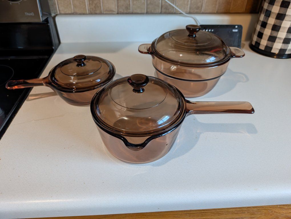 Vintage Visions Corning Ware Amber Glass Cookware Set of 3 Pots with Lids