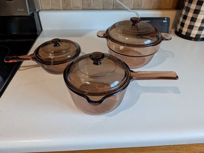 Vintage Visions Corning Ware Amber Glass Cookware Set of 3 Pots with Lids