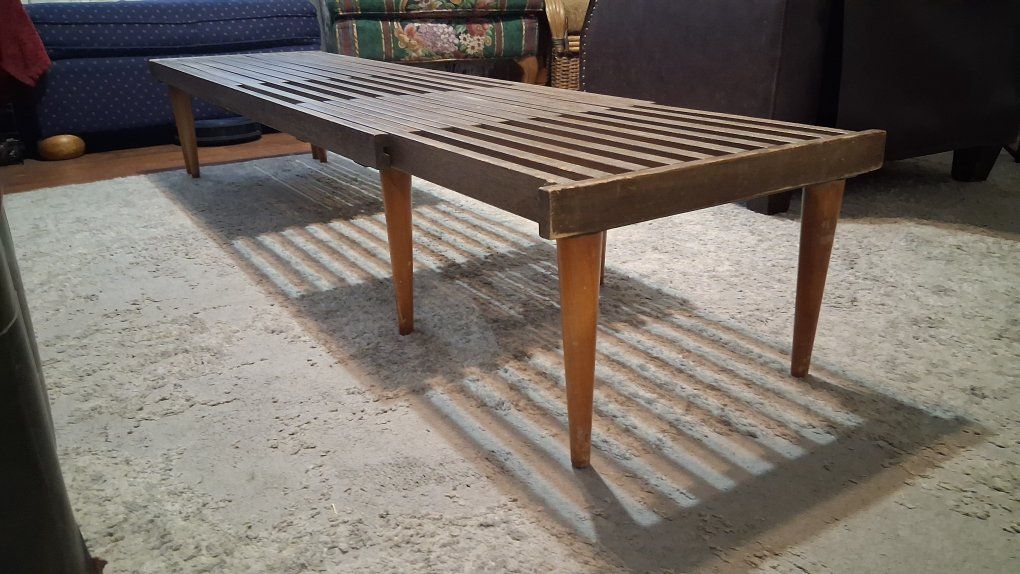 John Keel for Brown Saltman Mid-Century Modern Wooden Slat Extendable Bench