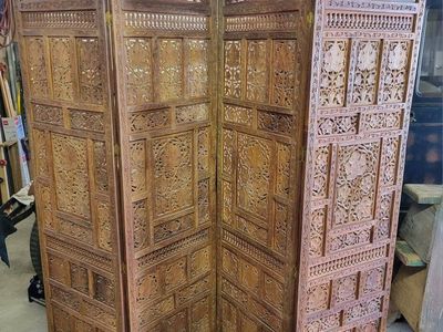 Hand-Carved Teak Wood Room Divider / Privacy Screen, 4-Panel, Intricate Leaf Design