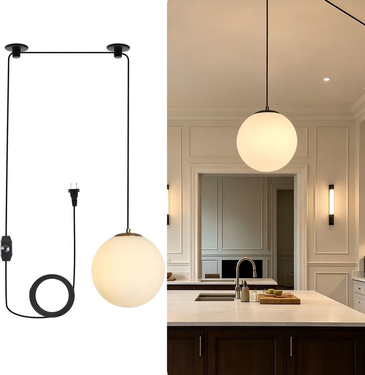 Loyled Gold Plug-in Pendant Light - Globe Dining Room Light Fixture with Milk Glass Chandelier Hanging Pendant Lights for Kitche
