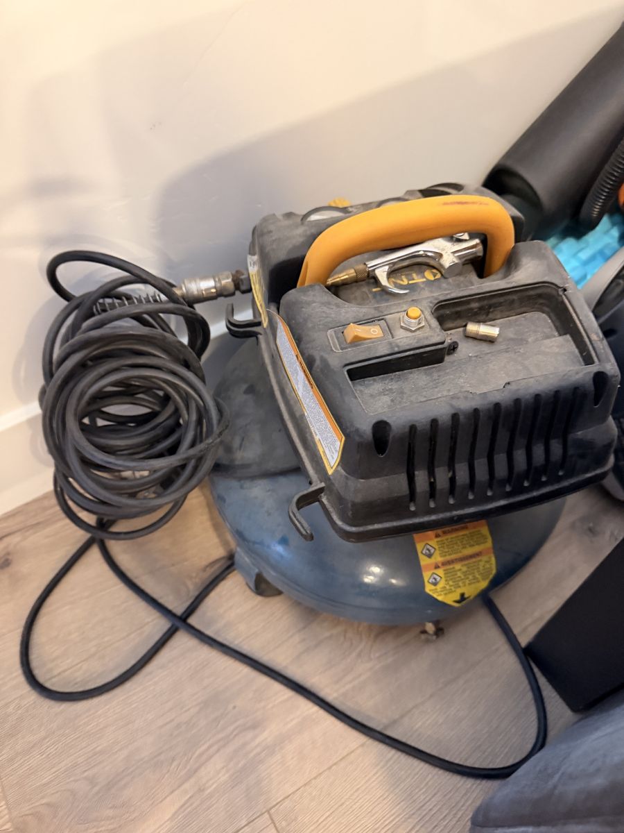 TNT Pancake Air Compressor with Hose and Blow Gun, tire accessory plus extra red straight hose(not coiled)