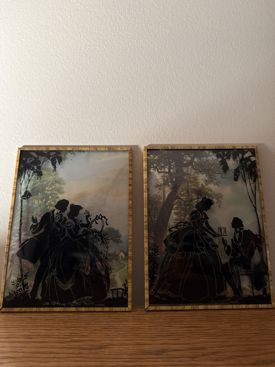 Vintage Framed Silhouette Art Prints - Courting Couple & Lady with Gentleman - Gold Frames