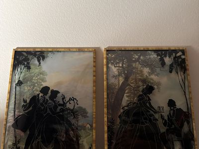 Vintage Framed Silhouette Art Prints - Courting Couple & Lady with Gentleman - Gold Frames