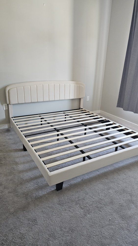 Upholstered King size Platform Bed Frame with Channel Tufted Headboard and Wood Slats