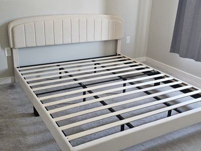 Upholstered King size Platform Bed Frame with Channel Tufted Headboard and Wood Slats