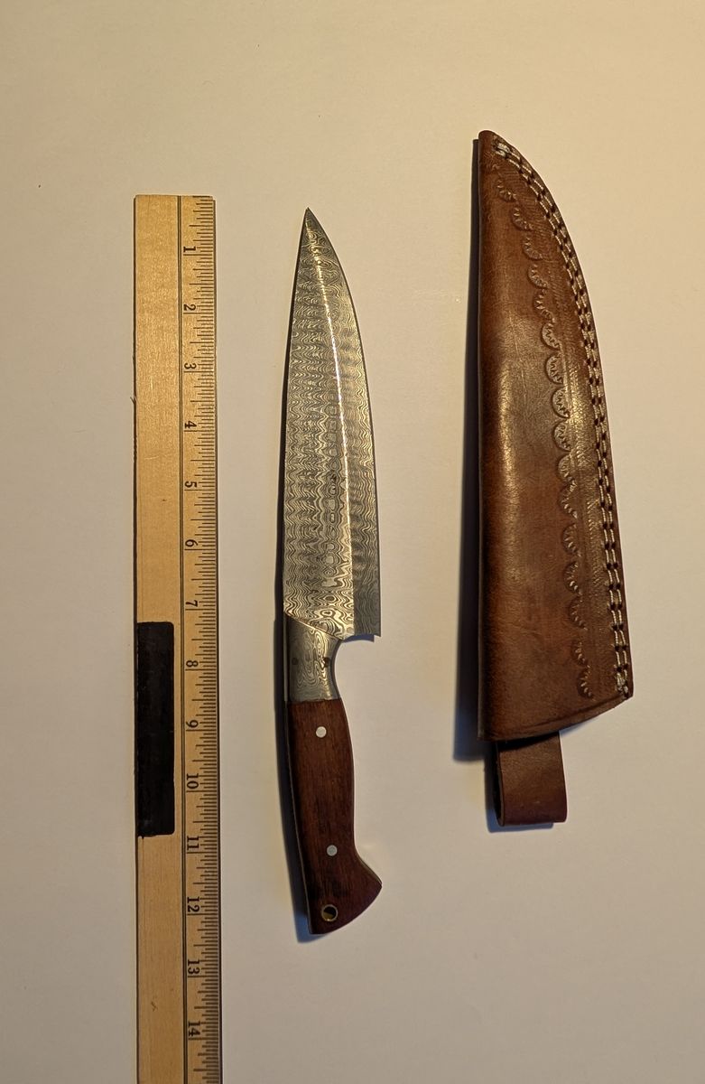 Damascus Kitchen Knife and Leather Sheath