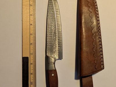 Damascus Kitchen Knife and Leather Sheath