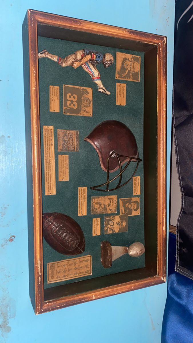 Vintage Football Memorabilia Shadow Box - Retro Helmet, Football & Player Figurine Display