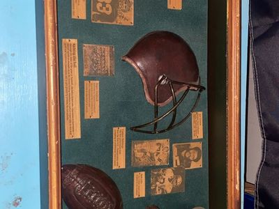 Vintage Football Memorabilia Shadow Box - Retro Helmet, Football & Player Figurine Display