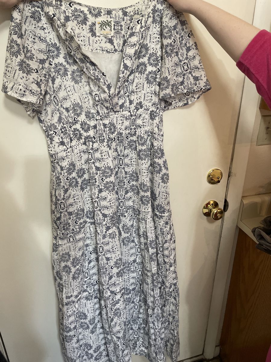 White Dress with Navy Design