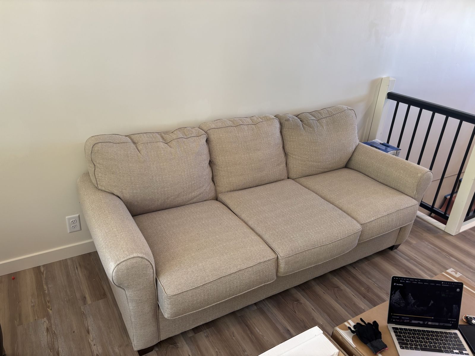 Bassett 87” Light Beige Fabric Sofa with Rolled Arms and Three Cushions