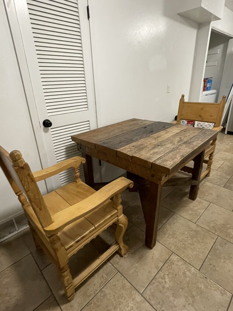 Rustic Solid Wood Farmhouse Table + 2 Chairs