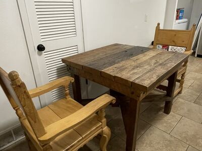 Rustic Solid Wood Farmhouse Table + 2 Chairs