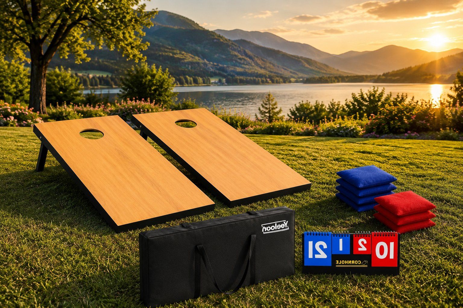 NEW CORNHOLE SET WITH 8 BEAN BAGS & CARRYING CASE OUTDOOR YARD GAME