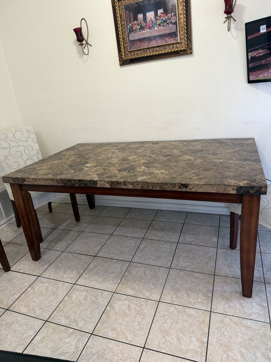 Dining table with marble top, 4 chairs and a bench