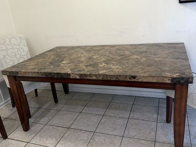 Dining table with marble top, 4 chairs and a bench