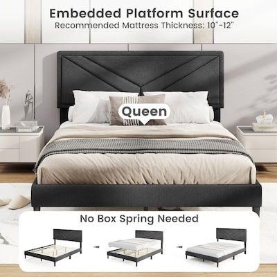 Modern Gray Upholstered Platform Bed — Queen