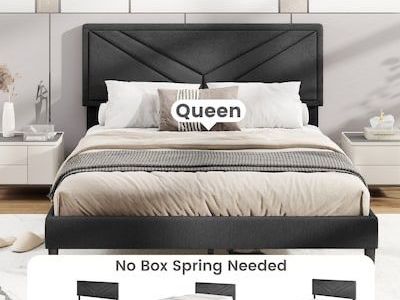 Modern Gray Upholstered Platform Bed — Queen