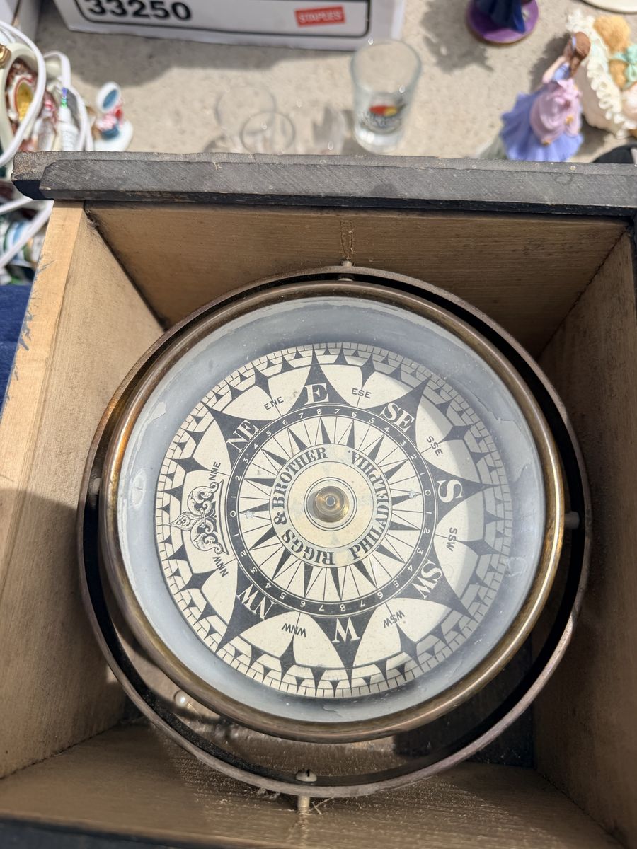 Vintage Riggs & Brother Philadelphia Compass in Wooden Box - Collectible Nautical