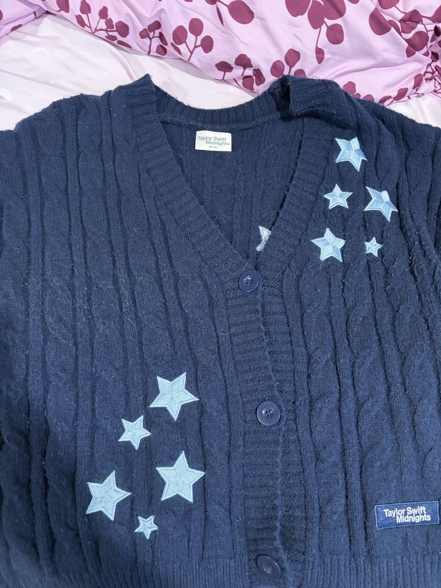 Taylor Swift Midnights Navy Blue Cardigan Sweater Size XL/2XL Star Embroidery
