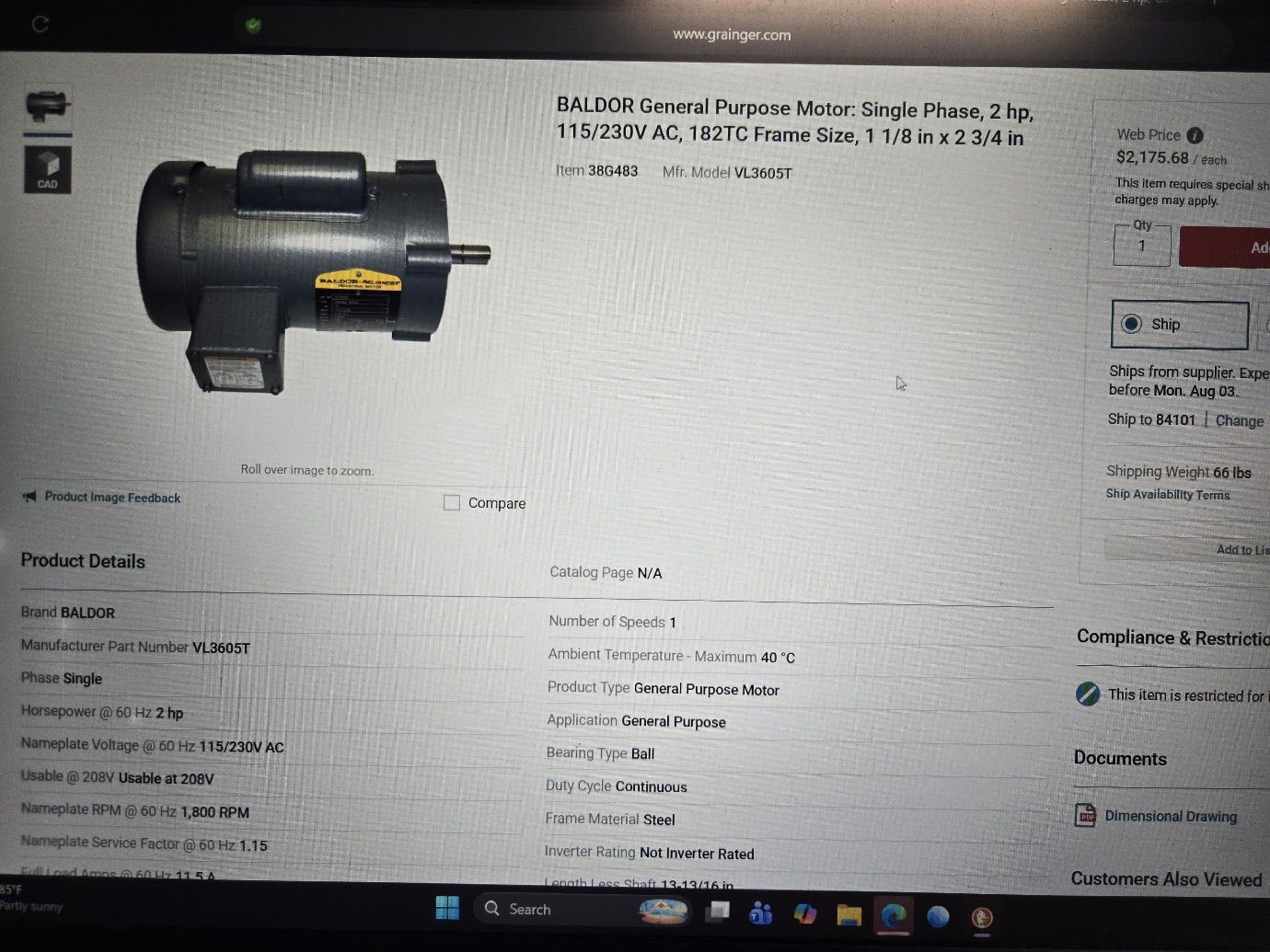 BALDOR General Purpose Motor: Single Phase, 2 hp, 115/230V AC, 182TC Frame Size, 1 1/8 in x 2 3/4 in Item Model VL3605T