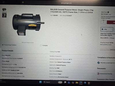 BALDOR General Purpose Motor: Single Phase, 2 hp, 115/230V AC, 182TC Frame Size, 1 1/8 in x 2 3/4 in Item Model VL3605T