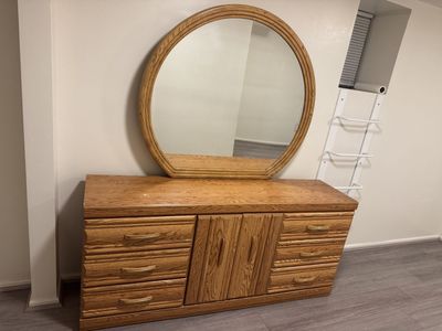 Vintage Oak Wood Dresser with Mirror - 8 Drawers & Center Cabinet Storage