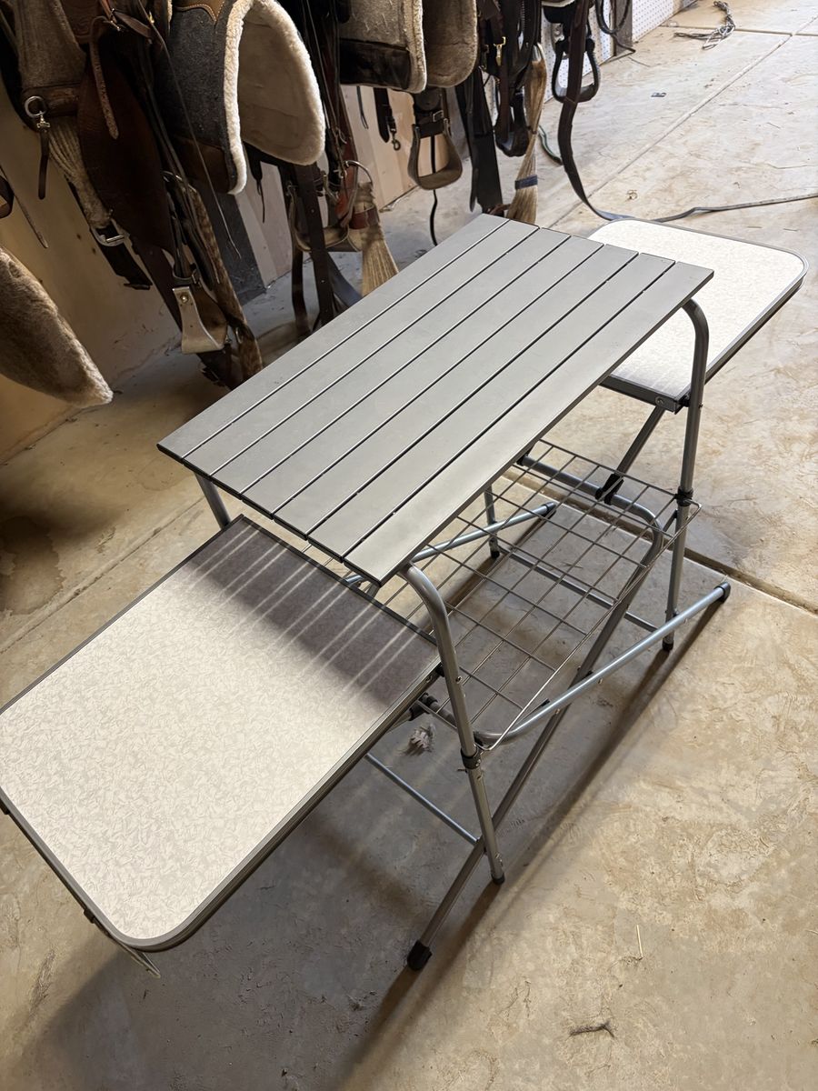 Cabelas Portable Folding Outdoor Camping Cook Station Prep Table with Storage Rack & Side Tables