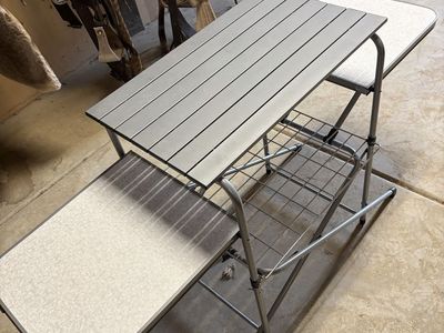 Cabelas Portable Folding Outdoor Camping Cook Station Prep Table with Storage Rack & Side Tables
