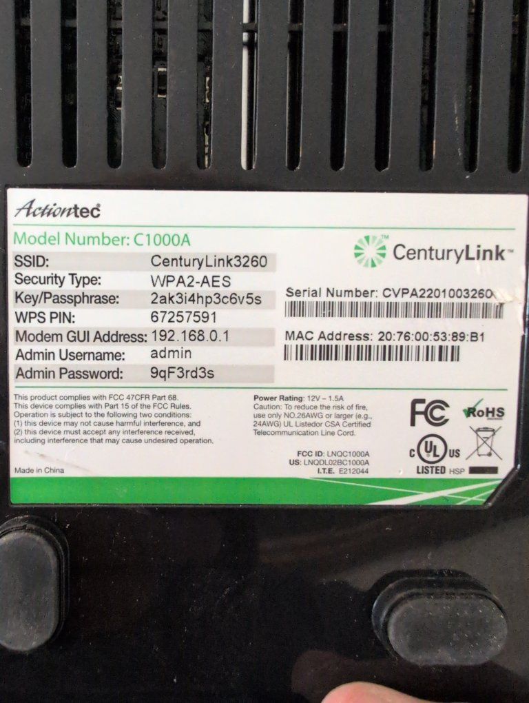 Actiontec C1000A CenturyLink WiFi DSL Modem Router - Black