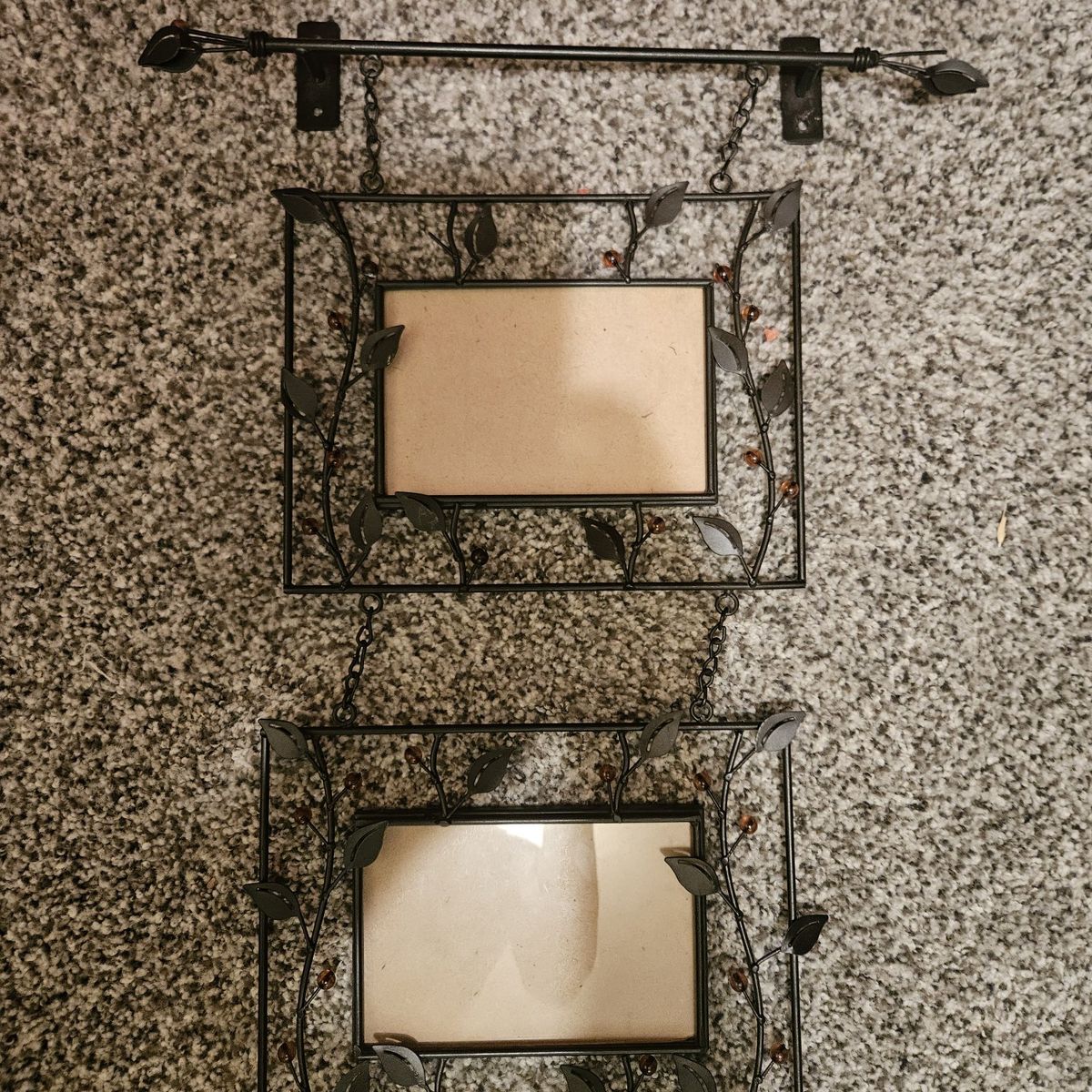 Metal hanging double frame leaves and beads New