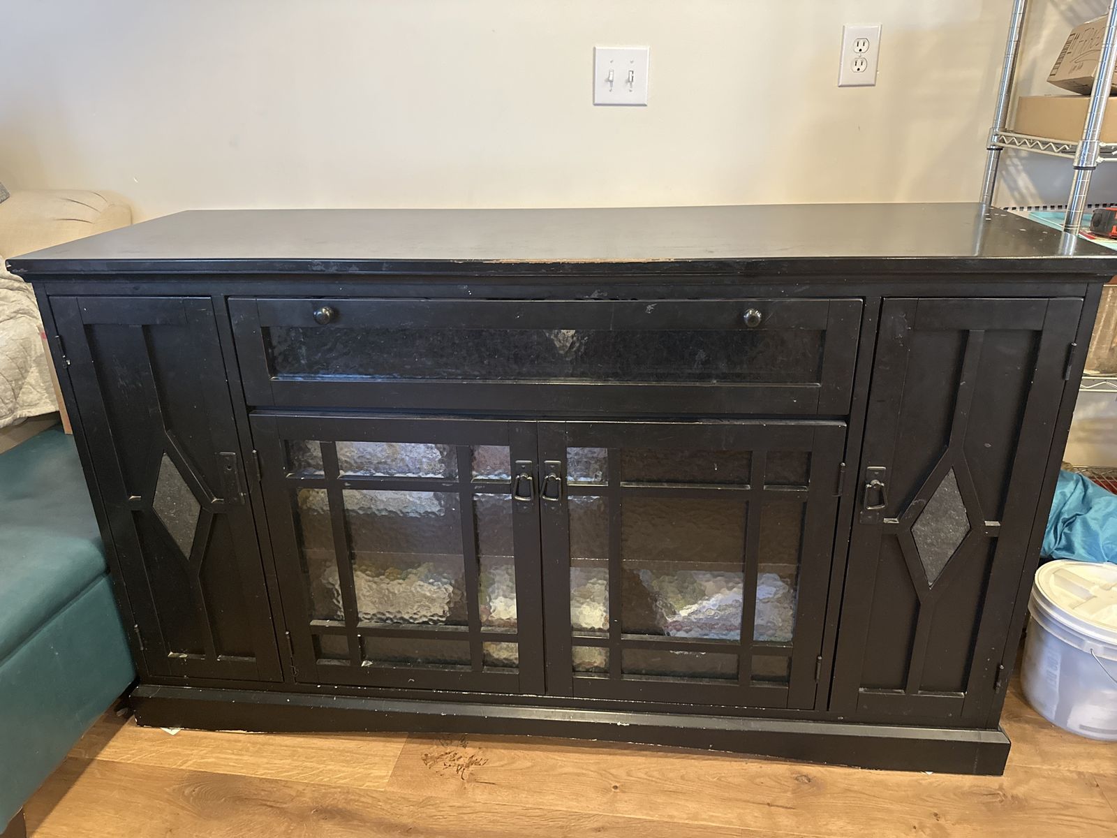 Black Wood Media Console / TV Stand, 60" wide with Glass Doors, Scratched Top